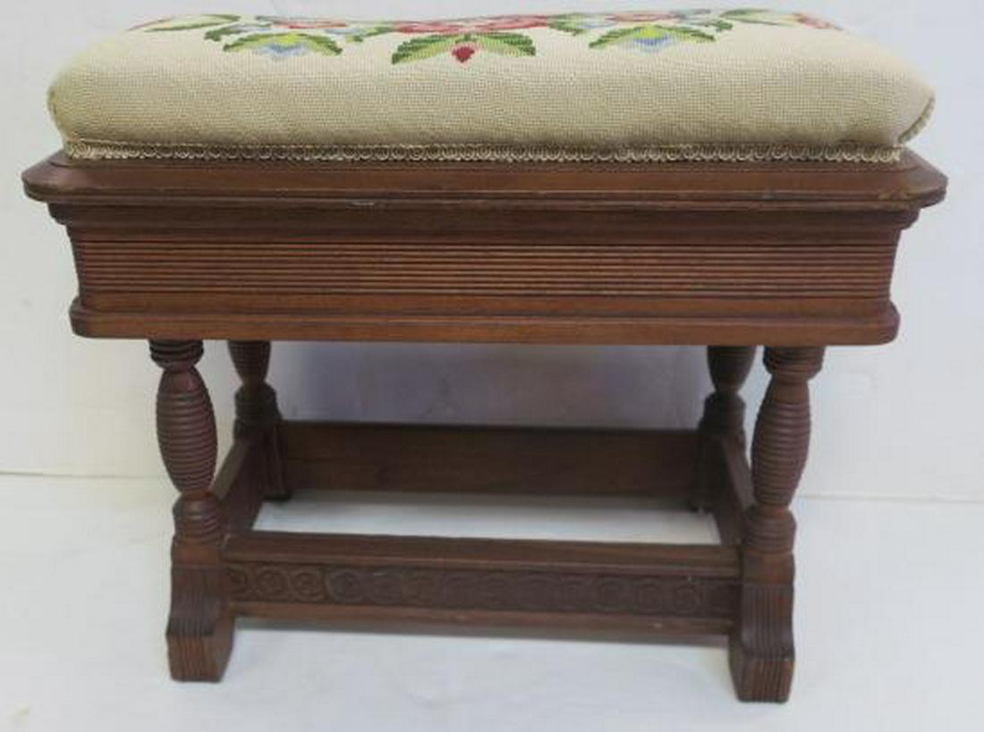 Lift Top Eastlake Needlepoint Upholstered Bench:: Lift Top Eastlake Needlepoint Upholstered Bench: Padded Upholstered Top opens to Storage Space. Line Carving on Apron. Beehive Turned Legs, Carved Low Stretcher. Excellent for Fireside or Entryway. 22