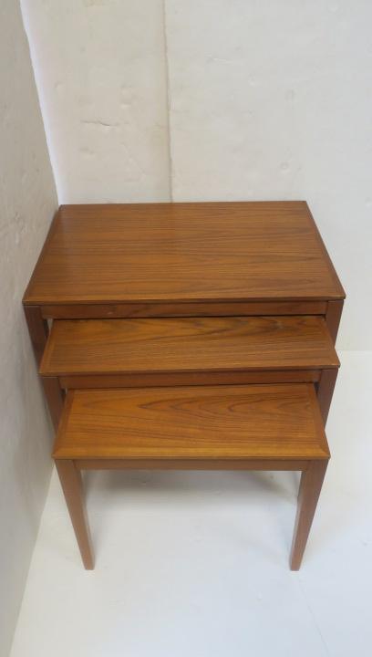 Modernist Set of 3 Nesting Tables-Marked Bent Silberg: Modernist Set of 3 Nesting Tables-Marked Bent Silberg Danish Modern Teak Tables, Stamped Bent Silberg Moebler. Made in Denmark. Square Tapered Legs, Original Finish with few minor Scuffs. 19 1/2T, 15 