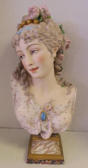 After PAUL DUBOY Porcelain Bust of French Female:: After PAUL DUBOY Porcelain Bust of French Female: Listed Porcelain Artist 1830-1887. Hand Painted French Lady with Flowers and Gold Beads in Hair. Multicolored Base has Repair. Plaster Filled in Botto