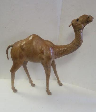 Elegant Vintage Honey Stained Leather Camel Statue:: Elegant Vintage Honey Stained Leather Camel Statue: Realistic Dromedary Handcrafted Folk Art Sculpture is Wrapped in Hide with Detailed Skin Folds, Leather Harness and Black Glass Eyes. He Stands 42"T