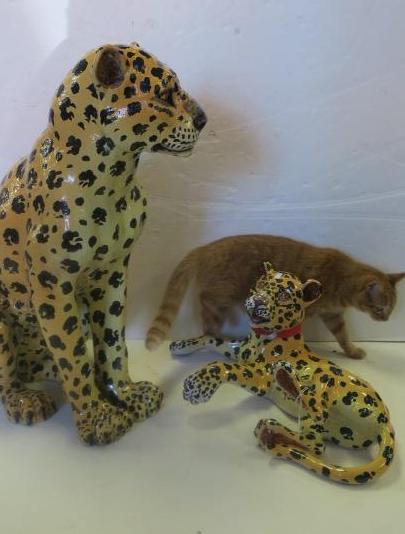 Seated Ceramic Leopard Statue with Playful Cub:: Seated Ceramic Leopard Statue with Playful Cub: Glazed with Hand painted Coloration and Shading. Both Hollow Cast with Painted Eyes. Mei Selma Italy on Foot of Mother. Cub has Paw and Foot in Air, Ope