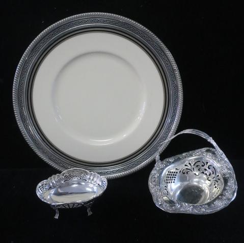 LENOX Plate in Sterling Frame, Basket and Bowl:: LENOX Plate in Sterling Frame, Basket and Bowl: Lenox Plate with Black and Gold Band Rim in Pierced Rim Sterling Frame. 12 1/4"D. Gorham Pierced and Repousse Oval Basket with Swing Handle is 7 1/4"L. 