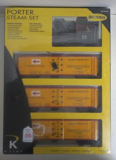 K LINE PORTER STEAM SET, O Gauge Train Set:: K LINE PORTER STEAM SET, O Gauge Train Set: Steam Yard Locomotive #15 and Three PENNSYLVANIA DAIRY PRODUCTS, EMPIRE LINE REFFER CARS 110007, 110015 & 110027. Excellent Condition, Never Opened Original