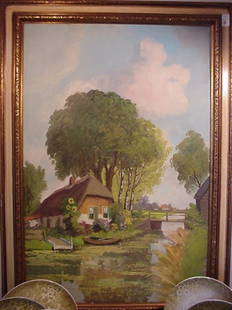 Au Veer Signed Dutch Landscape Oil on Canv: Au Veer Signed Dutch Landscape Oil on Canvas: 31" X 42" Image of Cottage on Canal in Countryside. Calming and Bright Colors. 4" Gilt and Ivory Colored Carved Framed. Signed Lower Right. (200-400)