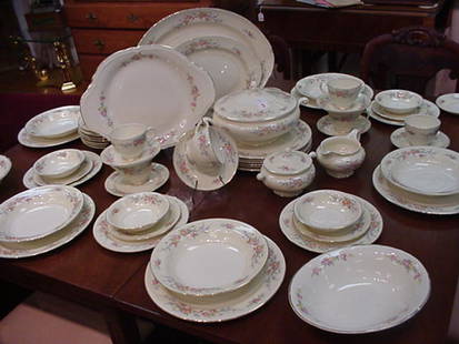 Set of Nautilus Egg Shell Dinnerware: Set of Nautilus Egg Shell Dinnerware: Service for 7 Plus with Serving Pieces Including Covered Casserole, Platters, Serving Bowls, Covered Sugar and Creamer. Cream Ground with Gold Rim and Pink and