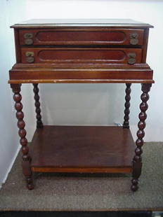2 Piece Oak Spool Cabinet on Custom Stand: 2 Piece Oak Spool Cabinet on Custom Stand: 16 1/2"D X 21"L X 31 1/2"T, Top is Beveled with 2 Partitioned Felt Lined Drawers. Base has Bead Turned Legs and Foot with Undershelf. Brass Drop Drawer