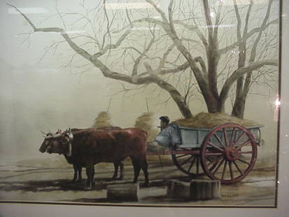 Bob Holland Signed Watercolor: Bob Holland Signed Watercolor: 34" X 28", Original Watercolor, Ox Pulling Hay Filled Cart with Barren Tree and Haystacks in Background. Double Matte Board and Brushed Gold Frame. Signed Lower Right.