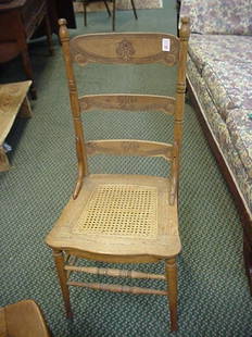 3 Oak Pressed Back with Cane Seat Chairs: 3 Oak Pressed Back with Cane Seat Chairs: 17"W X 15 1/2"D X 39"T, Curved and Pressed Horizontal 3 Back Slats with Ring Turned Sides. Turned Spindle Box Stretcher and Turned Legs, Woven Inset Lace