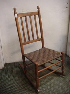Oak Slat Back Rocker with Woven Seat: Oak Slat Back Rocker with Woven Seat: 17"W X 25"D X 34 1/2"T, Slat Spindle Back with Acorn Finials, Turned Spindle Box Stretcher, Turned Legs and Split Oak Woven Seat. (60-120)