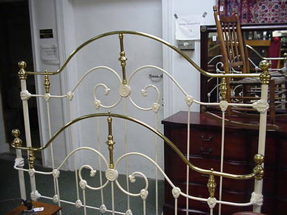 Full Size Brass and Iron Fender Bed: Full Size Brass and Iron Fender Bed: Arched Headboard & Footboard with White Gate and Scroll Center and Brass Scrolled Top with Finials. Has Rails. Headboard is 53 1/2"W X 61"T, Footboard is 53