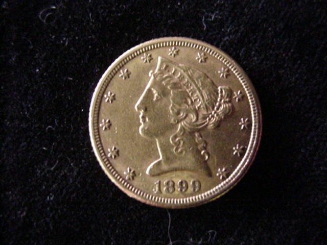 1899-S $5 Dollar US Gold Coin: 1899-S $5 Dollar US Gold Coin: XF-45 Gold Piece in Plastic Container. (225-250)