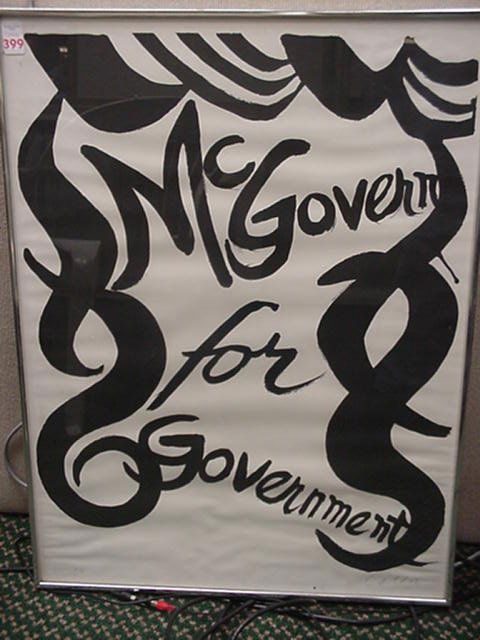 A Calder Signed and Numbered Print: A Calder Signed and Numbered Print: McGovern for Government Pencil Signed and Numbered Print Calder 175/200. Alexandre Calder (1898-1976). Framed Under Glass in Silver Metal Frame. 32" x 24" Excellent