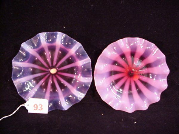 2 WEBB Pink Opalescent Ruffled Plates: 93. 2 WEBB Pink Opalescent Ruffled Plates: 6" Plates with Crimped Edges Made by Thomas Webb.