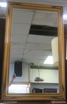 Brushed Gold Frame Plate Glass Wall Mirror:: Brushed Gold Frame Plate Glass Wall Mirror: Rectangular Full Length for the Wall or as a Leaner for the Floor. Dressing Mirror has Carved Floral Swag Architectural Elements at Corners. Measures 60" X