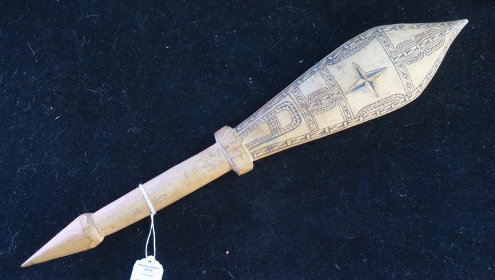 Polynesian War Club:: Polynesian War Club: Bring Back from World War II. Pointed on each end and Decorated with Geometric Designs on both sides. 20" Long. (100-250)