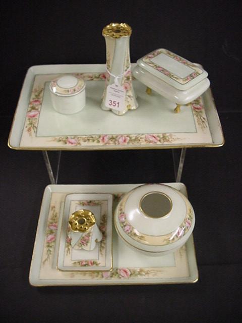 Limoges Dresser Trays, Pin Holders, Boxes: Limoges Dresser Trays, Pin Holders, Boxes: 8 Piece Set Includes 3 Dresser Trays, 7 1/2"x 11 1/2" to 3"x 5" with T&V Mark; 4 1/4"D. Hair Receiver with AK Mark; 2 Stick Pin Holders, 1 1/2"T. and 5"T; 1