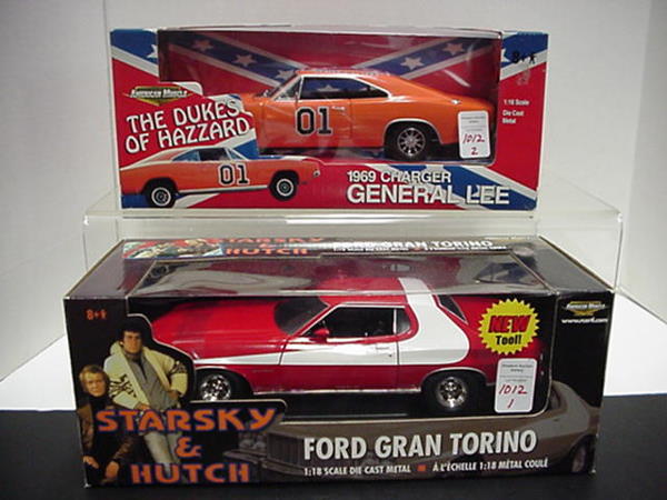Grand Torino and Dodge Charger: 2 Diecast Metal 1/18 Scale Model Cars: ERTL American Muscle Collection Starsky & Hutch Ford Grand Torino and Dukes of Hazard 1969 Charger General Lee. Detailed Interior & Engine. Opening Door Mint in