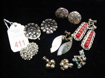 7 Pairs of Vintage Sterling Silver Earrings: 7 Pairs of Vintage Sterling Silver Earrings: All Have Adjustable Screw Backs. Each Marked Sterling. Includes Rhinestone, Shell Inlaid, Engraved, Red Stone and Turquoise.