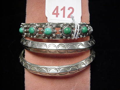 Three Vintage Silver Cuff Bracelets: Three Vintage Silver Cuff Bracelets: 1 Set with Cabochon Turquoise Stones and other Matching Pair Have Line Engraving.