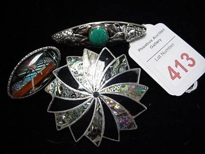 Sterling Bar Pins, Abalone, Onyx Broach: Sterling Bar Pins, Abalone, and Onyx Brooch: 2" Floral Filigree Bar Pin has Oval Cabochon Turquoise Stone in Center. 2 1/4" Diameter Pinwheel Brooch Has Alternating Spirals of Onyx and Abalone Pearl,