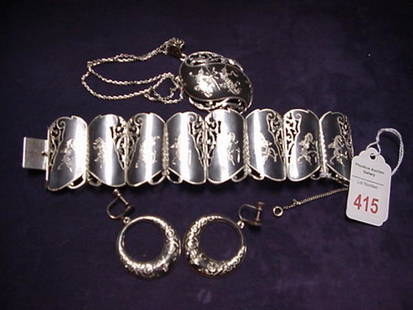 Siam Sterling Bracelet, Pendant and Earrings: Siam Sterling Bracelet, Pendant and Earrings: 8"L and 1 3/4"W Bracelet, 2"T Pendant on 16"L Chain, and 1 1/2" Hoop Earrings. All Marked Sterling, Siam.