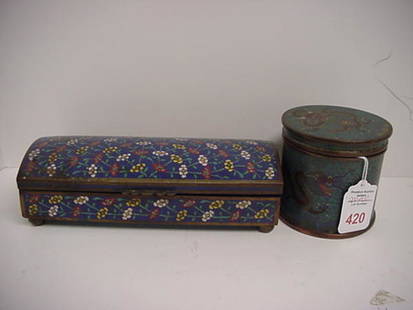 Floral Oriental Cloisonné Box and Dragon Jar with: Floral Oriental Cloisonné Box and Dragon Jar with Lid: Hinge Lid Footed Box with Divided Interior is 7 1/2"L. Marked China. Dragon Motif Surrounds Sides and Lid of Jar. Turquoise Interior, 3"T and 3