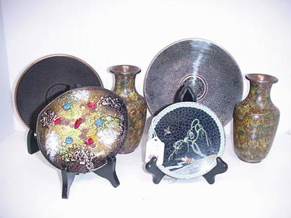 Cloisonné and Copper Enamel Plates and Vases.: Cloisonné and Copper Enamel Plates and Vases. 5"D Plate has Wire Work of Tree and Bird. 6 1/2"D Plate has Overlapping Shell Pattern. 8"D Plate has Allover Scroll Pattern. 5 1/2"D Copper Bowl