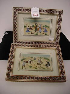 2 Mini Persian Paintings on Bone in Inlaid Frame: 2 Mini Persian Paintings on Bone in Inlaid Frame: 4" X 2 1/2" Scenes Painted with Single Hair of Camels Hair Brush. 3/4" Frame has Inset 6 Pointed Star on Face and Sides. Minor Frame Damage.