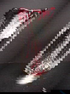 Red Art Glass Vase on Hammered Aluminum Foot: Red Art Glass Vase on Hammered Aluminum Foot: 15"T with 3 Evenly Spaced Icicle Handles Spanning Length of Vase. Done in Style that Gives Appearance of Clear Candle Wax Dripped on Variegated Red Glass.