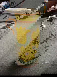 Large Hand Painted Pottery Jug: Large Hand Painted Pottery Jug: Italian Handled Pitcher Shape with Yellow Flowers and Green leaves on Cream Ground. Minor Chipping on Top Edge. 20"T with 9"D Opening.
