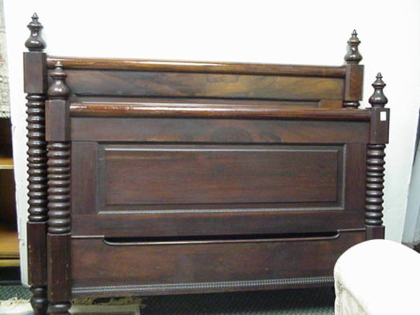 Rosewood Full Size Spool and Panel Bed: Rosewood Full Size Spool and Panel Bed: Solid Panel Head and Footboard with Spool Sides Capped by 6" Finials. Double Beading Around Panels. Footboard is 39"T. at Back. Headboard is 45"T. at Back. Side
