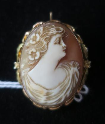 Carved Shell Cameo Pin/Pendant:: Carved Shell Cameo Pin/Pendant: Left Profile Portrait with Draped Bodice and Flowers in Her Hair on Salmon Colored Ground with Brown Highlights. Twisted Link Frame Marked 10KT with Triangle Hallmark.