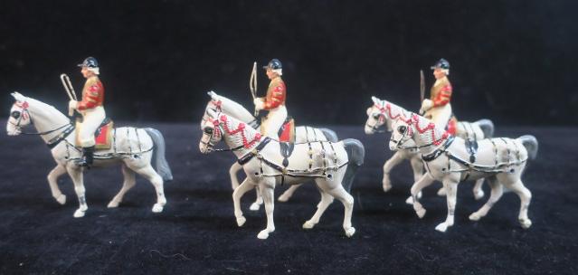 BRITAINS Three Riders and Five Horses Ceremonial Coach:: BRITAINS Three Riders and Five Horses Ceremonial Coach: Coach Riders with Whips and Five White Horses, Very Good Condition, Well Painted. No Coach. (100-200)