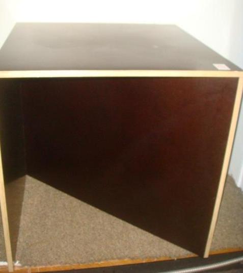DONALD JUDD Designed Shelf Plywood Stool:: DONALD JUDD Designed Shelf Plywood Stool: Circa 1992. 19 3/4" Cube with Brown Top and Black Sides. Top Shelf Under Seat, Natural Edges. Judd Began in NY in 1970's, Died in 1994 and his Foundation Cont