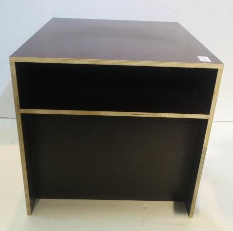 DONALD JUDD Designed Shelf Plywood Stool:: DONALD JUDD Designed Shelf Plywood Stool: Circa 1992. 19 3/4" Cube with Brown Top and Black Sides. Top Shelf Under Seat, Natural Edges. Judd Began in NY in 1970's, Died in 1994 and his Foundation Cont