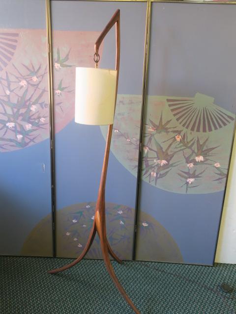 JEAN RISPAL Style Danish Modern Floor Lamp:: JEAN RISPAL Style Danish Modern Floor Lamp: Arched Body Moves towards a Pinnacle that Supports a Suspended Drum Shade. Stands on three Attached Curved Tapered Legs. In a Style Reminiscent of RISPAL's 