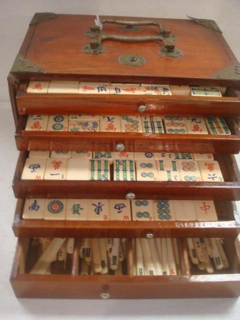 Vintage Chinese Mahjong Game Set in Box:: Vintage Chinese Mahjong Game Set in Box: Includes 147 Dove Tailed Bone and Bamboo Inked Tiles, 116 Sticks and 4 Wind Indicators Base on Chinese Characters and Symbols for the Suits, Honors and Bonuses