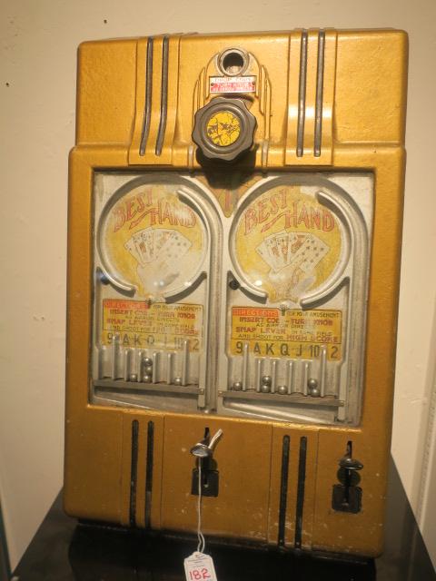 DAVAL Best Hand Poker Machine:: DAVAL Best Hand Poker Machine: One Cent, 2 Player Machine, CA 1947. Duval Manufacturing Company Released 141 Different Machines Starting in 1930. Has One Lock and Key, Missing Other. Original Gold and