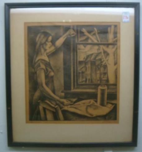 Limited Edition Floral Print Signed JOSEPH JONES:: Limited Edition Floral Print Signed JOSEPH JONES: Signed in Pencil LR, #14/15 LL. From What Appears to Be a Graphite Sketch of Forlorn Female Peering Out the Window at a Bleak Townscape. Matted and Fr