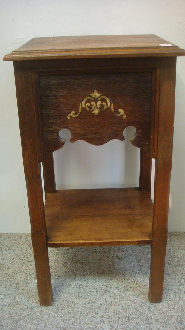Three Tiered Oak Side Table:: Three Tiered Oak Side Table: Beveled Top Measures 14" X 16". Under Tier is Open at 2 Sides for Hidden Storage. Deep Apron at Front with Stencil Design and Scroll Cut Bottom Edge. Elevated on Squared N