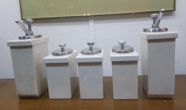 Five Vintage HALL Porcelain Soda Fountain Dispensers:: Five Vintage HALL Porcelain Soda Fountain Dispensers: Two Syrup Pump (Lemon & Cherry), 10" with Mechanical Pumps, Three with Chrome Lids and Attached Ladles, Strawberry, Pineapple, Cherry. 7"T. Impres