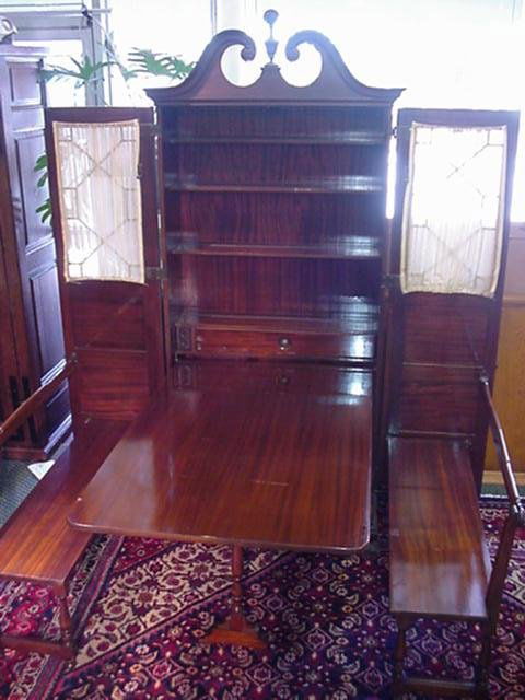 Mahogany Block Front Desk Table Benches Bookcase: 125. Mahogany Block Front Desk Table Benches Bookcase: Unique Combination Furniture Piece, Block Front Dresser With Working Drawers Below Secretary with Fitted Interior Opens to Reveal Table and Two B