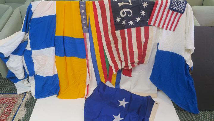 Collection US NAVY Signal, Jacks and Honors Flags:: Collection US NAVY Signal, Jacks and Honors Flags: Includes Rear Admiral's Two Star Flag,1976 Bicentennial Jack Navy Commendation Medal Flag, US National Boat Flag, Regular US Navy Jack, Two A's and N