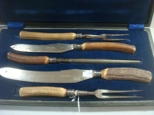 Five Piece Antler Handled Sheffield Carving Set:: Five Piece Antler Handled Sheffield Carving Set: Blades Marked John Hall Cutler, Bristol. Sterling Collars are Marked G.B. with Crown, Lion Passant and l, Which Dates to 1903. Includes 2 Carving Knive