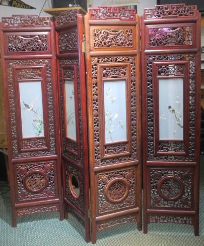 4 Panel Asian Floor Screen with Embroidered Inserts:: 4 Panel Asian Floor Screen with Embroidered Inserts: Top Crest of Geometric Fretwork and Flower Heads. Each Panel is Divided Into 3 Separate Sections. Top Portion Consists of Birds and Foliage. Center