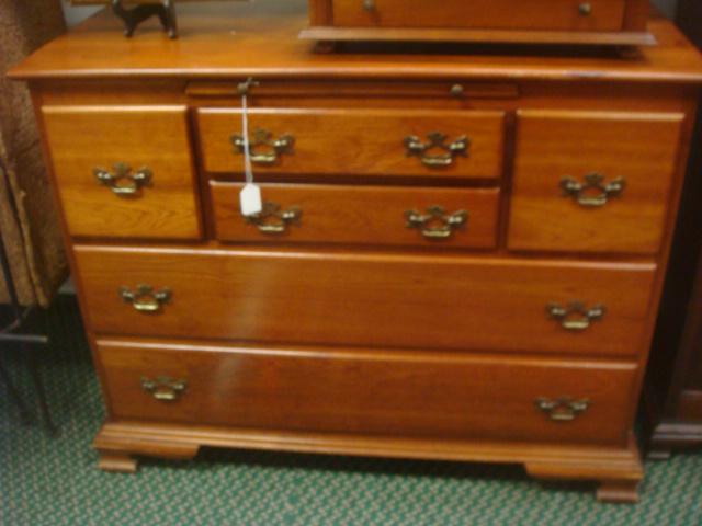 L & JG STICKLEY Six Drawer Cherry Chest of Drawers:: L & JG STICKLEY Six Drawer Cherry Chest of Drawers: Two Narrow Flanked by 2 Deep Drawers Over 2 Long Drawers. Brass Batwing Drop Pulls. Center Pullout Slider Desk Tray. Bracket Feet. Label in Drawer "