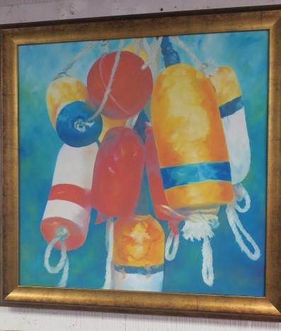 Nautical Boats Buoys, Acrylic on Canvas:: Nautical Boats Buoys, Acrylic on Canvas: Cylindrical Fenders with Eyelets to Prevent Boat from Hitting Dock. Eight Colorful Floats Suspended in Blue Framework. Illegible Signature LL. Framed to 31" Sq