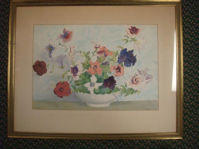 CHARLES WILLING, Watercolor, PETUNIA STILL-LIFE:: CHARLES WILLING, Watercolor, PETUNIA STILL-LIFE: Colorful Petunias in White Bowl Set on Table, Signed C. Willing (1884-1963). Philadelphia Architect until 1940, then Moved to Somesville. 15" x 21", Fr