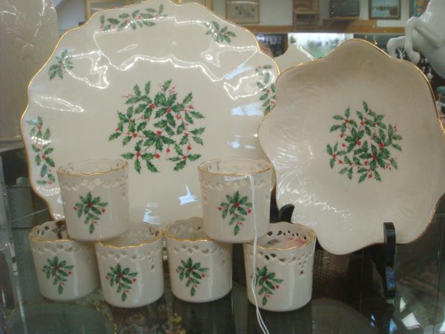LENOX Holiday Cake Plate, Bowl and Votive:: LENOX Holiday Cake Plate, Bowl and Votive: Ivory Ground with Holly Sprigs. Cake Plate is 12"D, Scalloped Bowl is 8"D and Six Pierced Rim Votive are 2 3/4"T. (60-120)