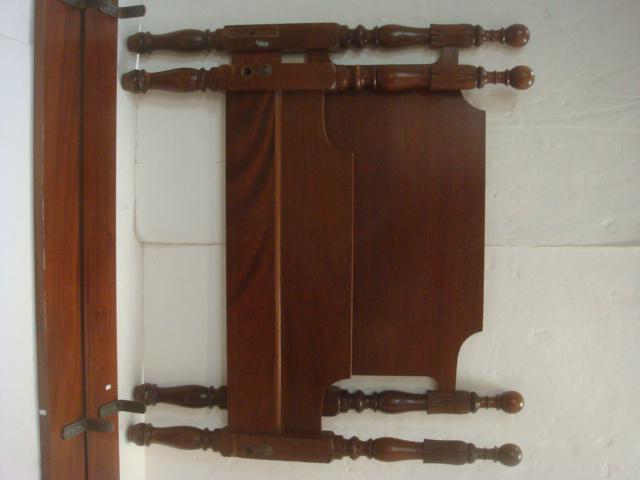 Pair of Vintage Mahogany Twin Poster Beds with Rails:: Pair of Vintage Mahogany Twin Poster Beds with Rails: Posters Topped with Ball over Carved Tassel. Each Bed has High Headboard, Low Footboard, and a Pair of Rails. Minor Wear. 3' 10"T at Ball Finial o